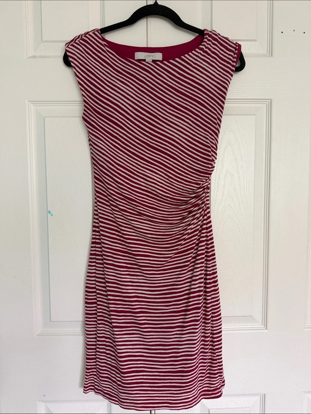 LOFT Wine Red and White Striped Cap-Sleeve Ruched Midi Dress - Picture 1 of 7